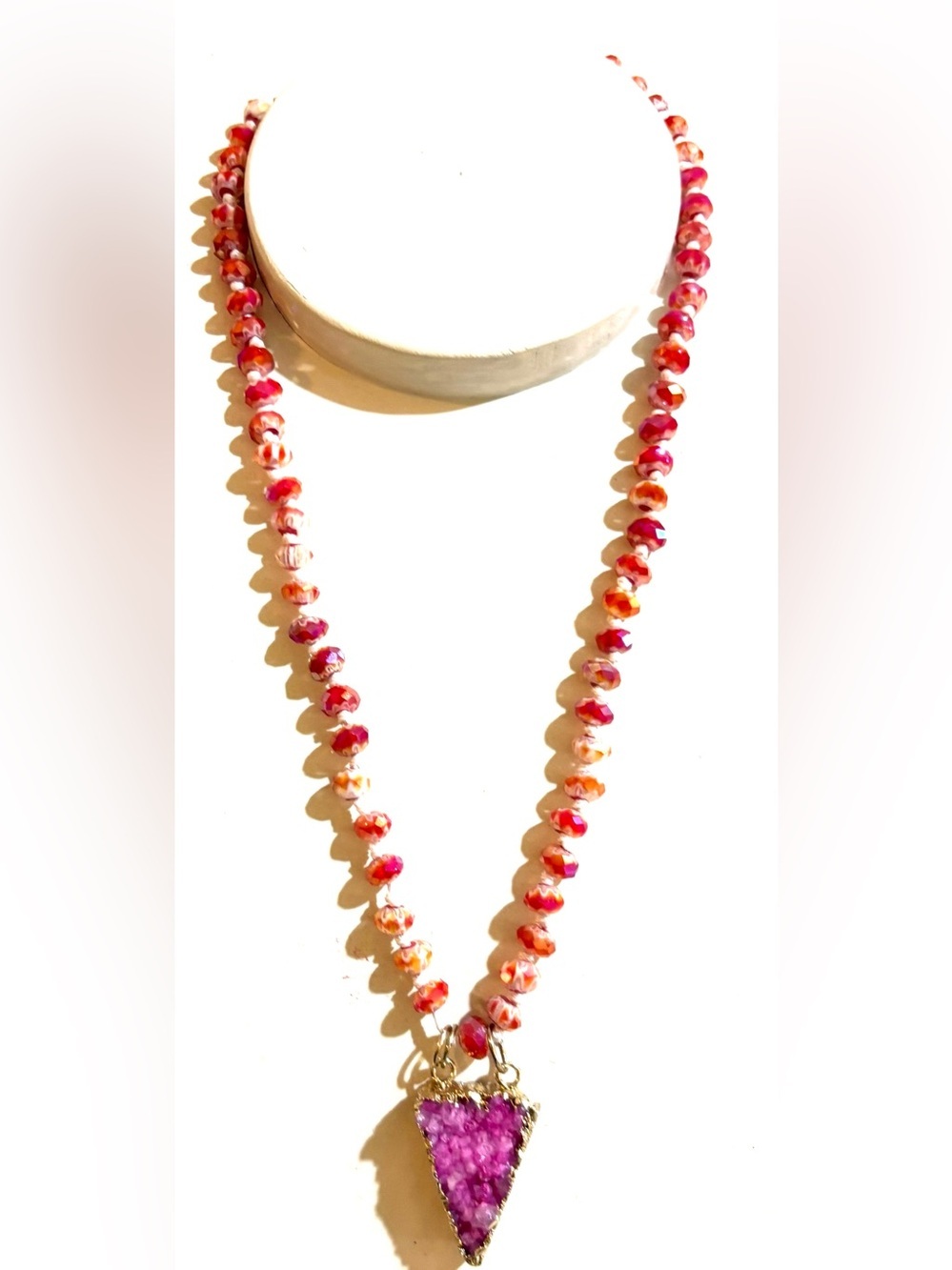 Pink & Orange Beaded Necklace with Pink Druzy Pendant